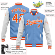 Load image into Gallery viewer, Custom Light Blue Orange-White Bomber Full-Snap Varsity Letterman Two Tone Jacket
