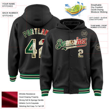 Load image into Gallery viewer, Custom Black Vintage Mexican Flag Cream-Kelly Green Bomber Full-Snap Varsity Letterman Hoodie Jacket
