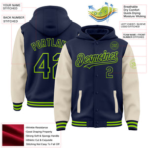 Custom Navy Cream-Neon Green Bomber Full-Snap Varsity Letterman Two Tone Hoodie Jacket