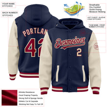 Load image into Gallery viewer, Custom Navy Maroon-Cream Bomber Full-Snap Varsity Letterman Two Tone Hoodie Jacket
