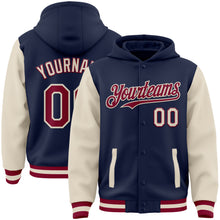 Load image into Gallery viewer, Custom Navy Maroon-Cream Bomber Full-Snap Varsity Letterman Two Tone Hoodie Jacket
