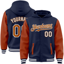 Load image into Gallery viewer, Custom Navy Texas Orange-White Bomber Full-Snap Varsity Letterman Two Tone Hoodie Jacket
