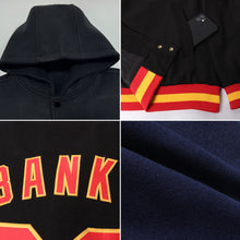 Load image into Gallery viewer, Custom Navy Red-Gold Bomber Full-Snap Varsity Letterman Two Tone Hoodie Jacket
