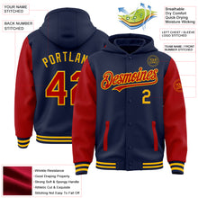 Load image into Gallery viewer, Custom Navy Red-Gold Bomber Full-Snap Varsity Letterman Two Tone Hoodie Jacket
