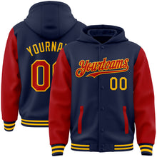 Load image into Gallery viewer, Custom Navy Red-Gold Bomber Full-Snap Varsity Letterman Two Tone Hoodie Jacket
