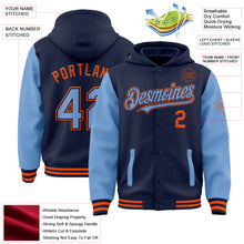 Load image into Gallery viewer, Custom Navy Light Blue-Orange Bomber Full-Snap Varsity Letterman Two Tone Hoodie Jacket
