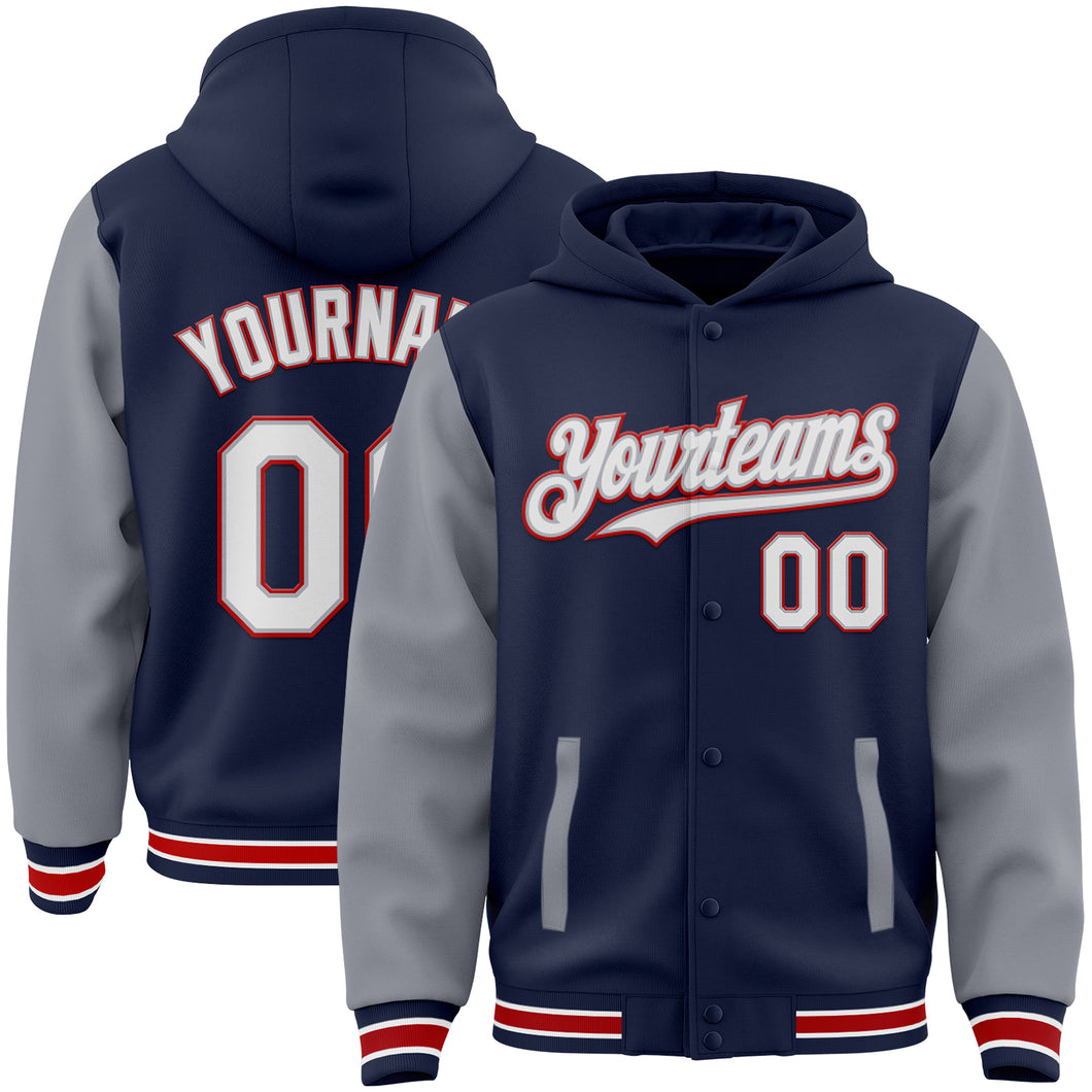 Custom Navy Gray-Red Bomber Full-Snap Varsity Letterman Two Tone Hoodie Jacket