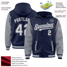 Load image into Gallery viewer, Custom Navy White-Gray Bomber Full-Snap Varsity Letterman Two Tone Hoodie Jacket
