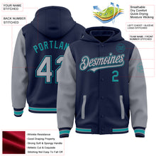 Load image into Gallery viewer, Custom Navy Gray-Teal Bomber Full-Snap Varsity Letterman Two Tone Hoodie Jacket
