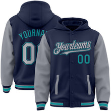 Load image into Gallery viewer, Custom Navy Gray-Teal Bomber Full-Snap Varsity Letterman Two Tone Hoodie Jacket
