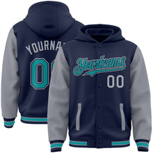 Load image into Gallery viewer, Custom Navy Teal-Gray Bomber Full-Snap Varsity Letterman Two Tone Hoodie Jacket
