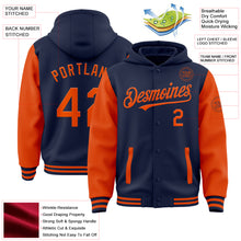 Load image into Gallery viewer, Custom Navy Orange Bomber Full-Snap Varsity Letterman Two Tone Hoodie Jacket
