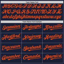 Load image into Gallery viewer, Custom Navy Orange Bomber Full-Snap Varsity Letterman Two Tone Hoodie Jacket
