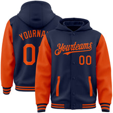 Load image into Gallery viewer, Custom Navy Orange Bomber Full-Snap Varsity Letterman Two Tone Hoodie Jacket
