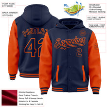 Load image into Gallery viewer, Custom Navy Orange Bomber Full-Snap Varsity Letterman Two Tone Hoodie Jacket
