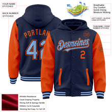 Load image into Gallery viewer, Custom Navy Light Blue-Orange Bomber Full-Snap Varsity Letterman Two Tone Hoodie Jacket
