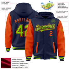 Load image into Gallery viewer, Custom Navy Neon Green-Orange Bomber Full-Snap Varsity Letterman Two Tone Hoodie Jacket
