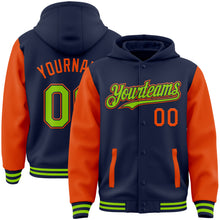 Load image into Gallery viewer, Custom Navy Neon Green-Orange Bomber Full-Snap Varsity Letterman Two Tone Hoodie Jacket
