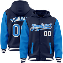 Load image into Gallery viewer, Custom Navy Powder Blue-White Bomber Full-Snap Varsity Letterman Two Tone Hoodie Jacket
