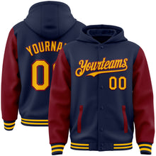 Load image into Gallery viewer, Custom Navy Gold-Crimson Bomber Full-Snap Varsity Letterman Two Tone Hoodie Jacket
