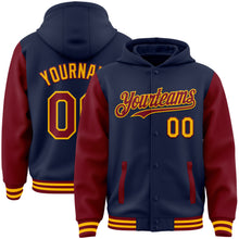 Load image into Gallery viewer, Custom Navy Crimson-Gold Bomber Full-Snap Varsity Letterman Two Tone Hoodie Jacket
