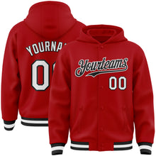 Load image into Gallery viewer, Custom Red White-Black Bomber Full-Snap Varsity Letterman Hoodie Jacket
