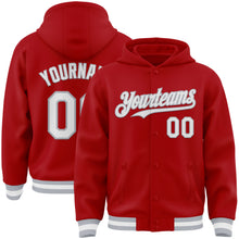 Load image into Gallery viewer, Custom Red White-Gray Bomber Full-Snap Varsity Letterman Hoodie Jacket
