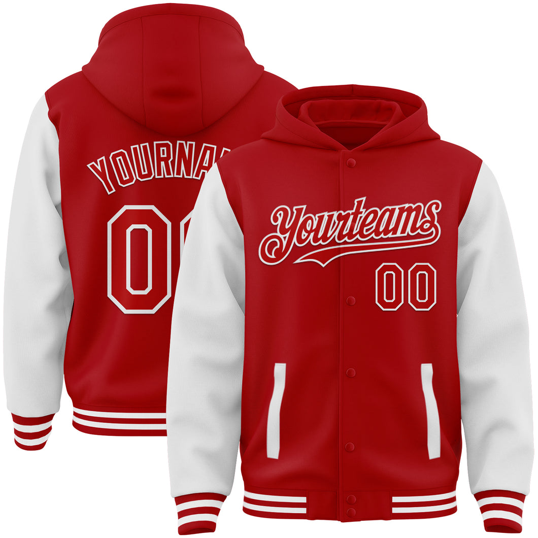 Custom Red White Bomber Full-Snap Varsity Letterman Two Tone Hoodie Jacket