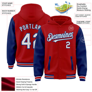 Custom Red White-Royal Bomber Full-Snap Varsity Letterman Two Tone Hoodie Jacket