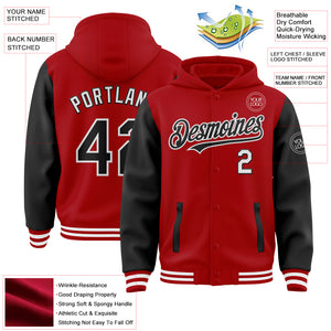 Custom Red Black-White Bomber Full-Snap Varsity Letterman Two Tone Hoodie Jacket