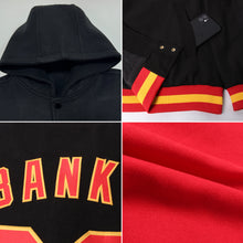 Load image into Gallery viewer, Custom Red Black-Gold Bomber Full-Snap Varsity Letterman Two Tone Hoodie Jacket
