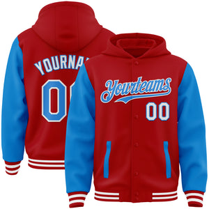 Custom Red Powder Blue-White Bomber Full-Snap Varsity Letterman Two Tone Hoodie Jacket