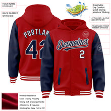 Load image into Gallery viewer, Custom Red Navy-White Bomber Full-Snap Varsity Letterman Two Tone Hoodie Jacket
