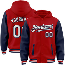 Load image into Gallery viewer, Custom Red White-Navy Bomber Full-Snap Varsity Letterman Two Tone Hoodie Jacket
