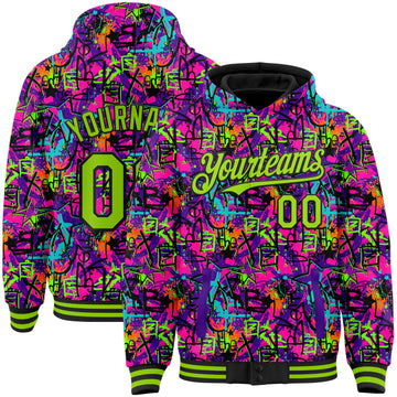 Custom Graffiti Pattern Neon Green-Black Splash 3D Bomber Full-Snap Varsity Letterman Hoodie Jacket