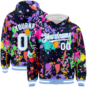 Custom Graffiti Pattern White-Light Blue Splash 3D Bomber Full-Snap Varsity Letterman Hoodie Jacket