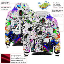 Load image into Gallery viewer, Custom Graffiti Pattern White-Black Splash 3D Bomber Full-Snap Varsity Letterman Hoodie Jacket
