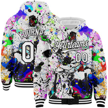 Load image into Gallery viewer, Custom Graffiti Pattern White-Black Splash 3D Bomber Full-Snap Varsity Letterman Hoodie Jacket
