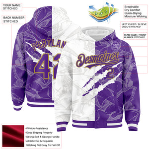 Custom Graffiti Pattern Purple-Old Gold Scratch 3D Bomber Full-Snap Varsity Letterman Hoodie Jacket