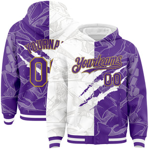 Custom Graffiti Pattern Purple-Old Gold Scratch 3D Bomber Full-Snap Varsity Letterman Hoodie Jacket