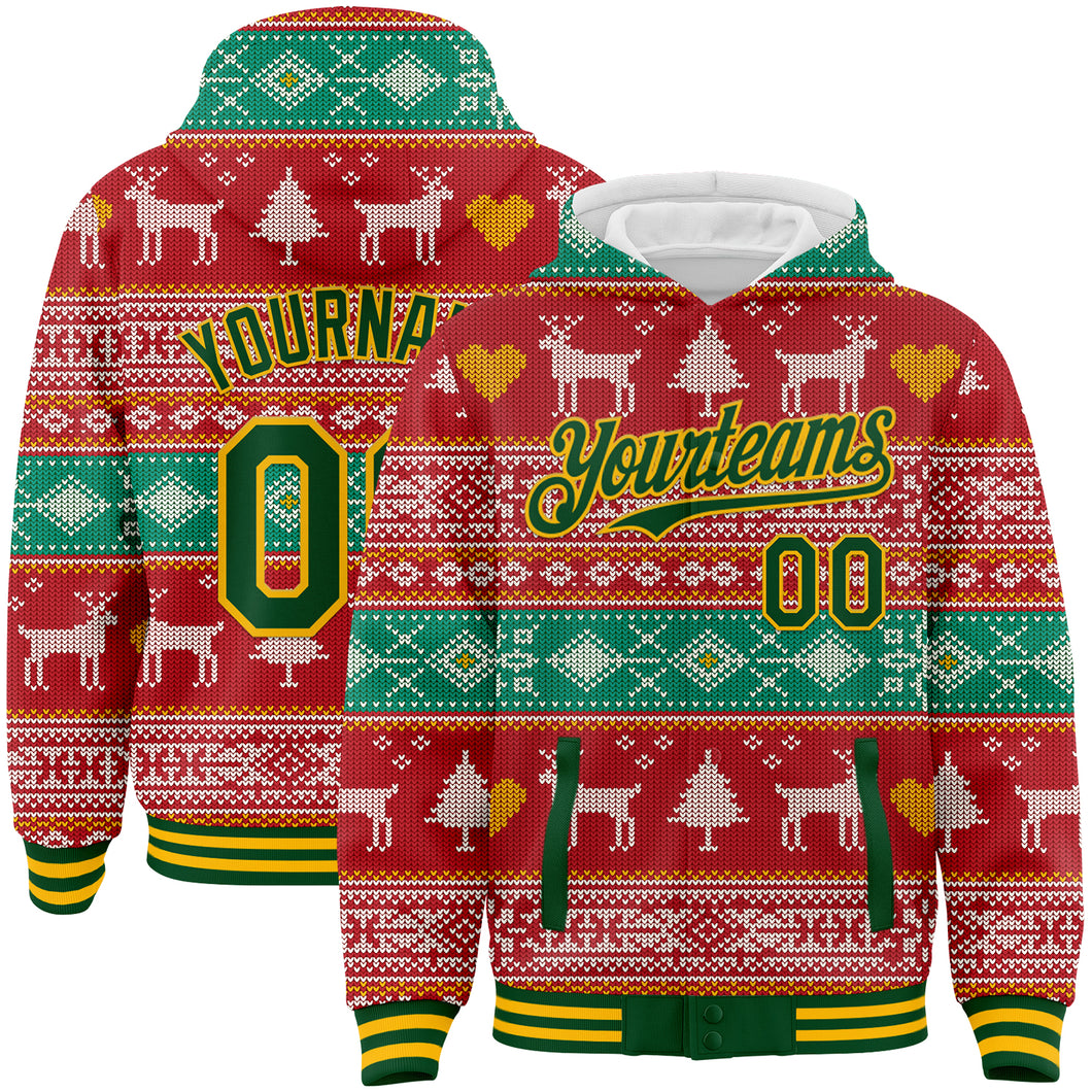 Custom Red Green-Gold Christmas Reindeers 3D Bomber Full-Snap Varsity Letterman Hoodie Jacket