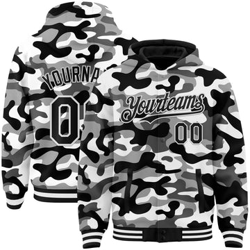 Custom Camo Black-White 3D Bomber Full-Snap Varsity Letterman Salute To Service Hoodie Jacket