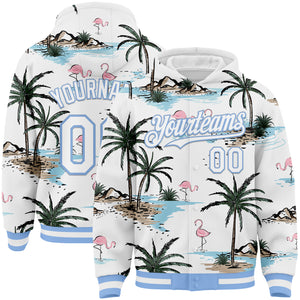 Custom White Light Blue Tropical Hawaii Palm Trees 3D Bomber Full-Snap Varsity Letterman Hoodie Jacket