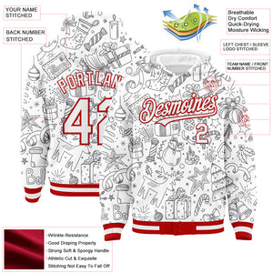 Custom White Red Christmas 3D Bomber Full-Snap Varsity Letterman Hoodie Jacket