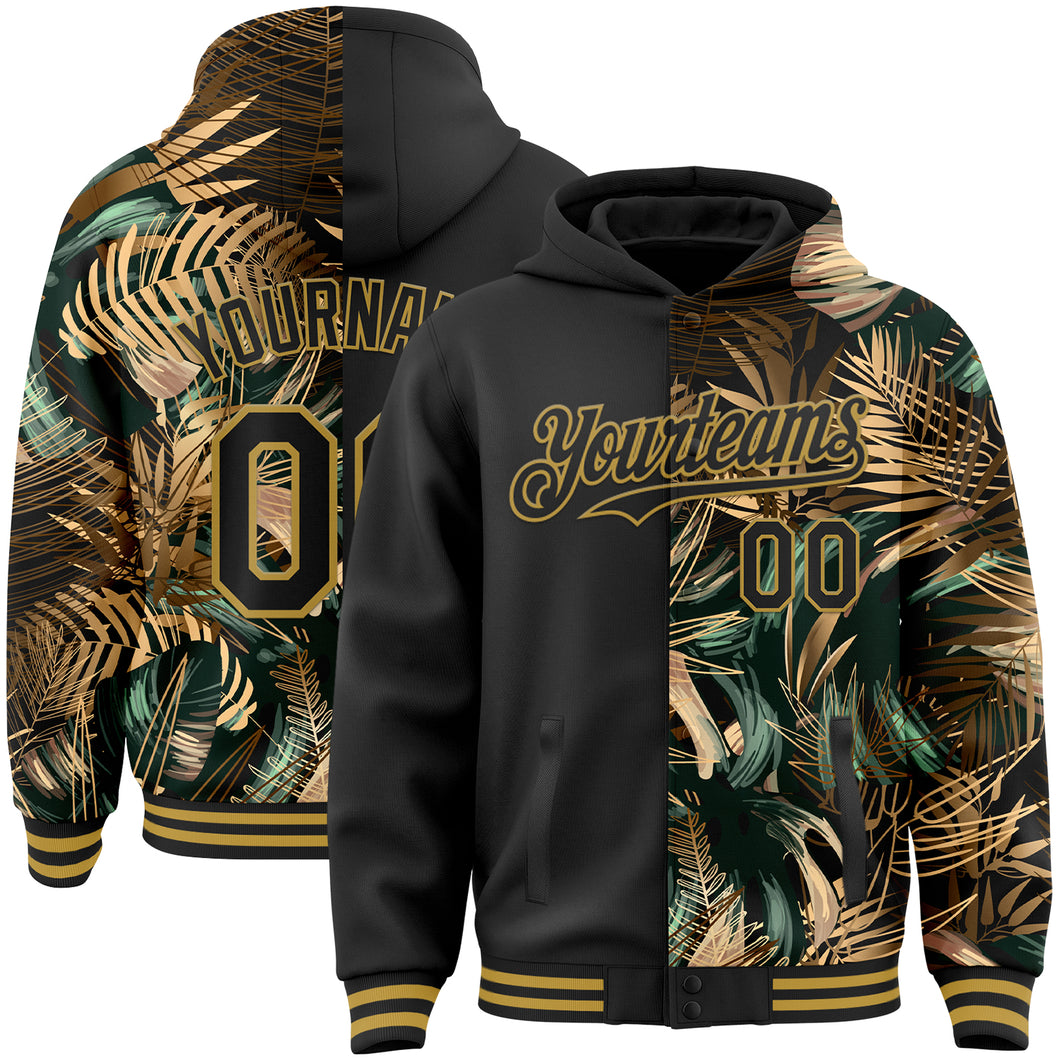 Custom Black Old Gold Tropical Hawaii Jungle Leaves 3D Bomber Full-Snap Varsity Letterman Hoodie Jacket