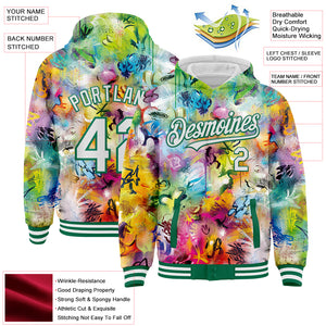 Custom Graffiti Pattern White-Kelly Green Splash 3D Bomber Full-Snap Varsity Letterman Hoodie Jacket