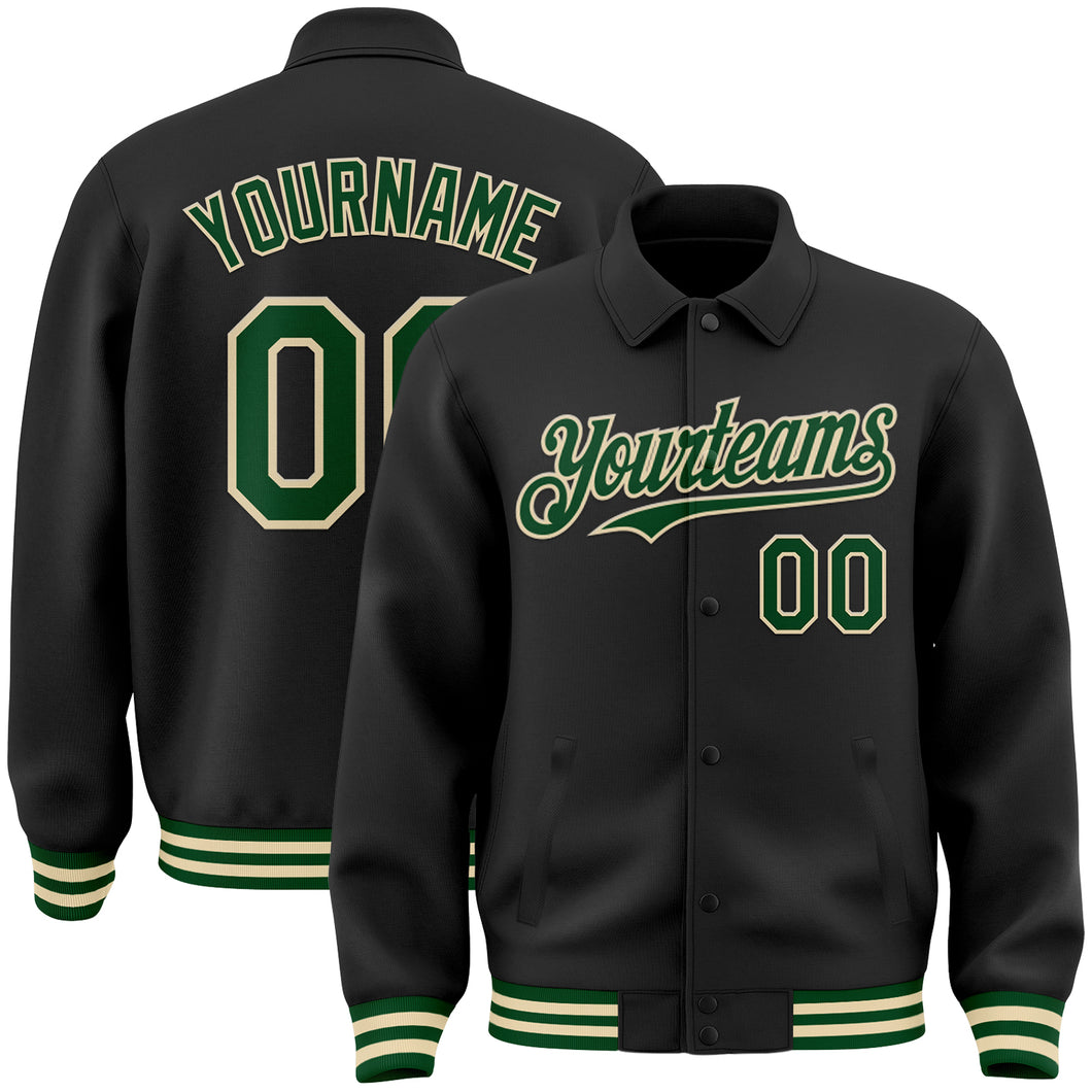 Custom Black Green-Cream Bomber Full-Snap Varsity Letterman Lapel Collar Byron Jacket