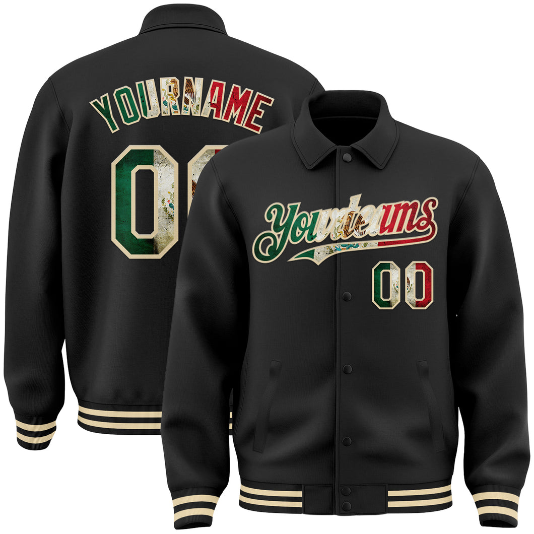 Custom Black Vintage Mexican Flag-Cream Bomber Full-Snap Varsity Letterman Lapel Collar Byron Jacket