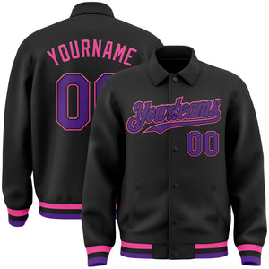 Custom Black Purple-Pink Bomber Full-Snap Varsity Letterman Lapel Collar Byron Jacket