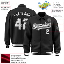 Load image into Gallery viewer, Custom Black White Bomber Full-Snap Varsity Letterman Lapel Collar Byron Jacket
